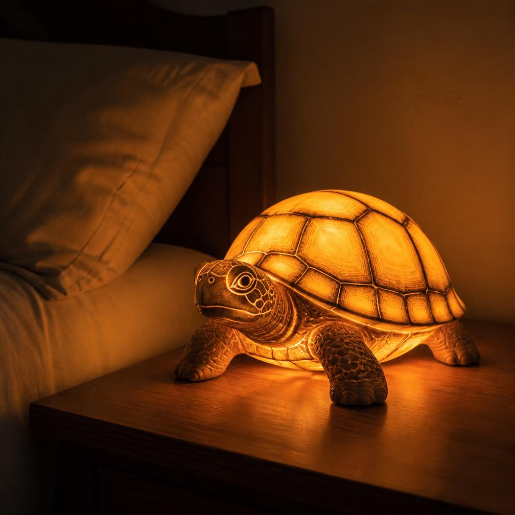 Die LeuchtSchildkröte leuchtet warm auf einem Nachttisch neben einem Bett
