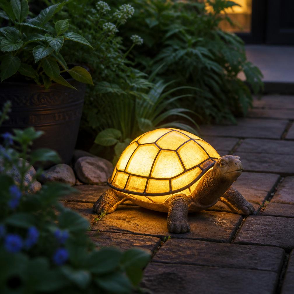 Die LeuchtSchildkröte leuchtet abends auf einem Steinweg im Garten